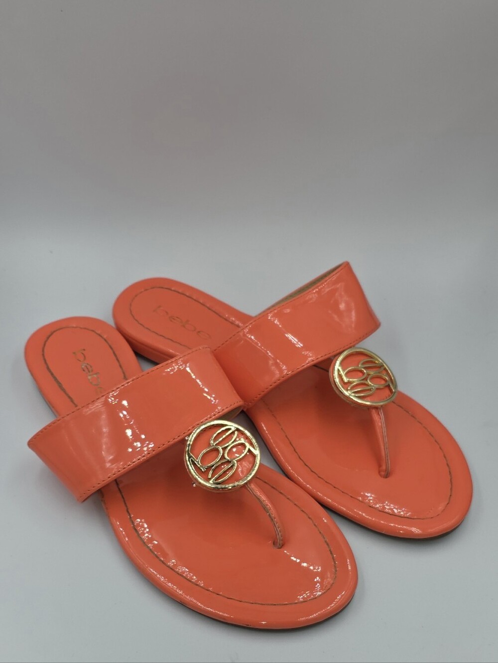 bebe Lawren Coral Orange Patent Leather Thong Slide Sandals  Size 8